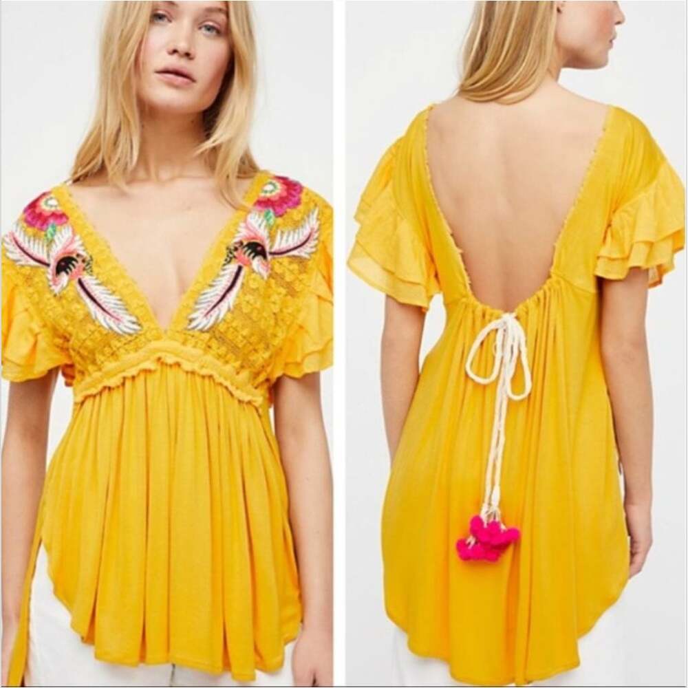 Free People Fiesta Nueva Tunic Top Embroidered Mustard Gold Yellow Boho Small